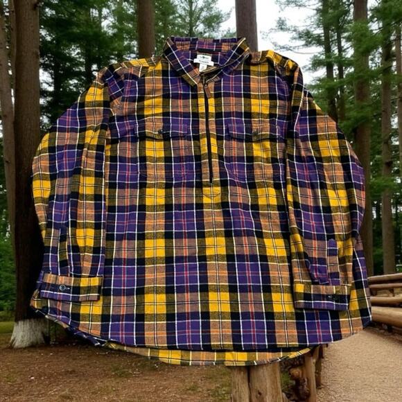 LL Bean Womens 3X Flannel Shirt Quarter Zip 518614 Relaxed Fit Scotch Plaid - Picture 1 of 11
